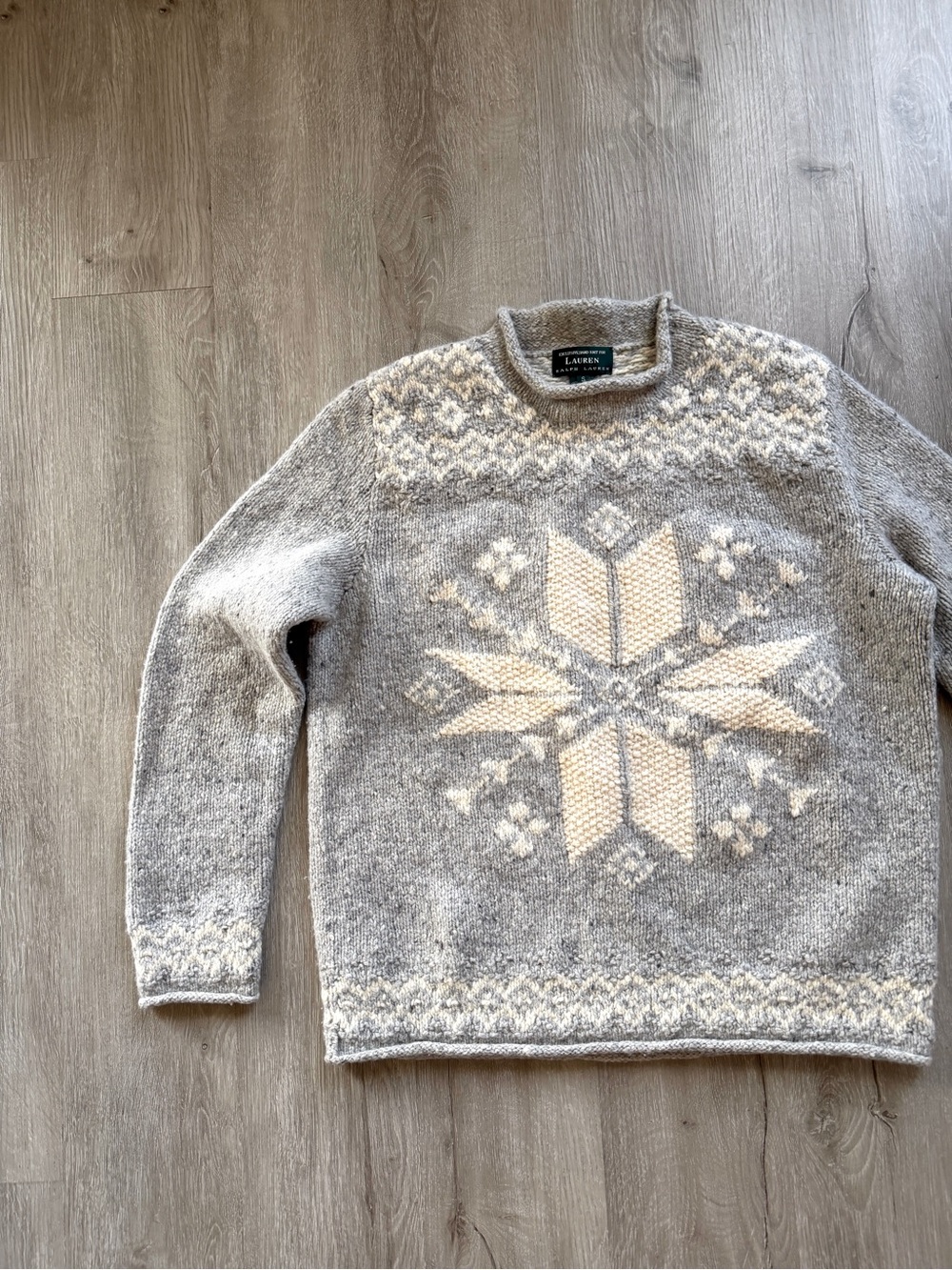 Hand knit Lauren Ralph Lauren Fair Isle Sweater Wool Nordic Roll Neck Small